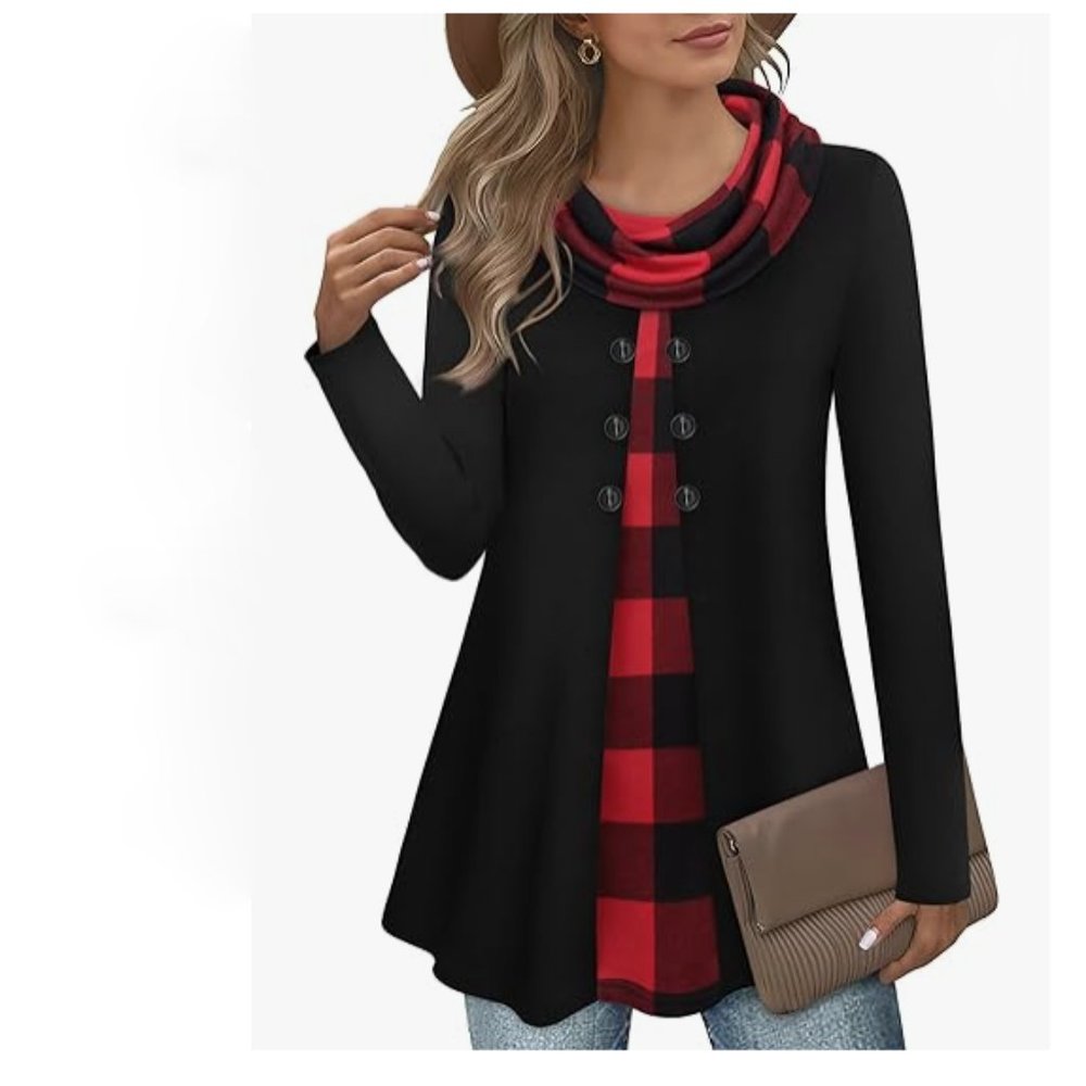 Bebonnie Buffalo Check Long Slv Cowl Neck Warm Splicing Tunic Top with Buttons - Picture 1 of 14